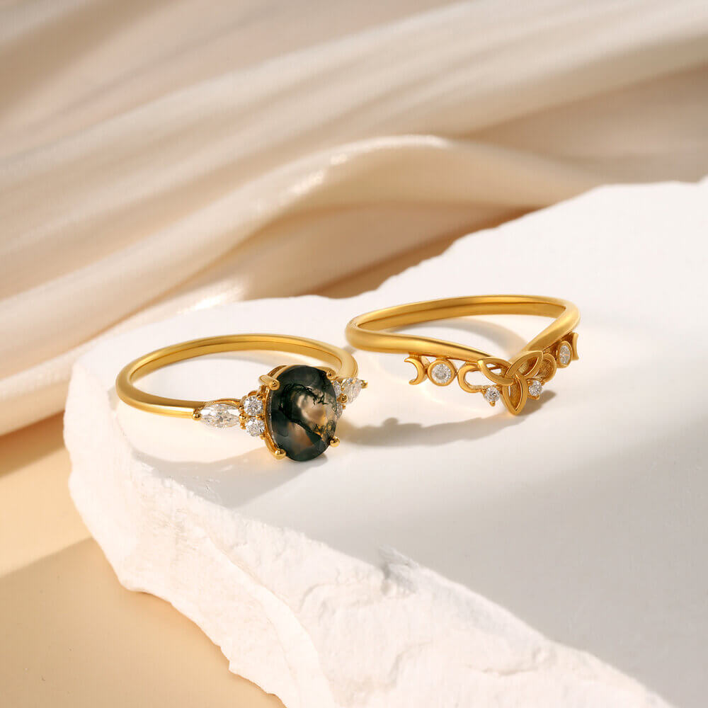 Oval Moss Agate Engagement Ring Set with Moissanite 18K Gold