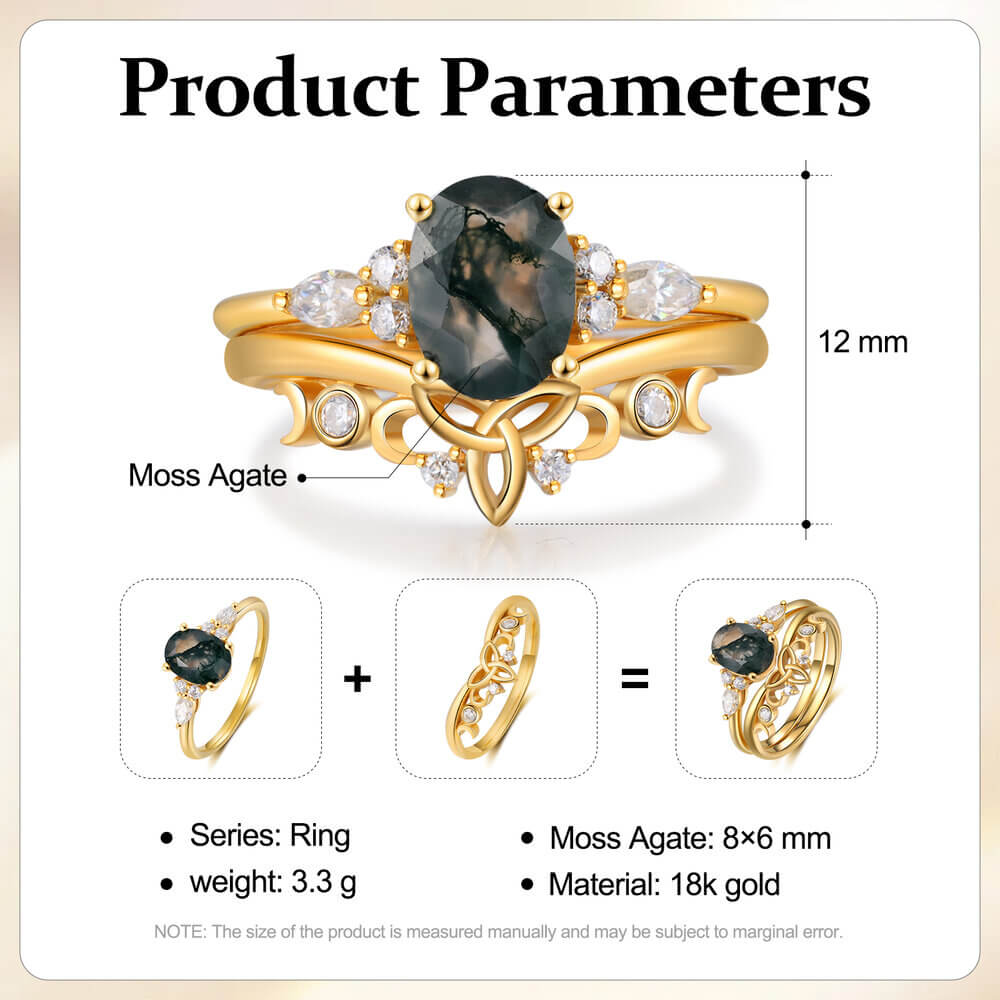 Oval Moss Agate Engagement Ring Set with Moissanite 18K Gold