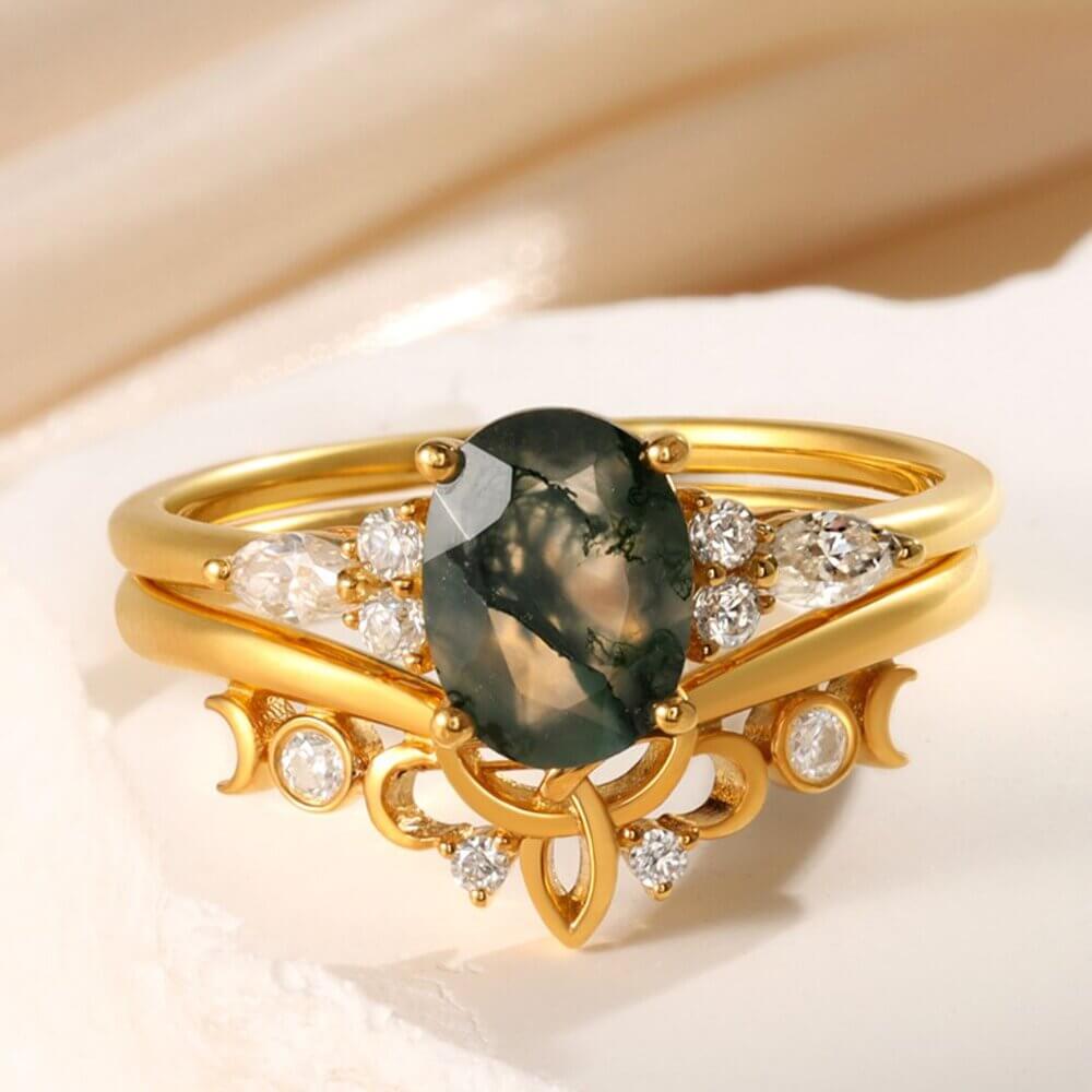 Oval Moss Agate Engagement Ring Set with Moissanite 18K Gold