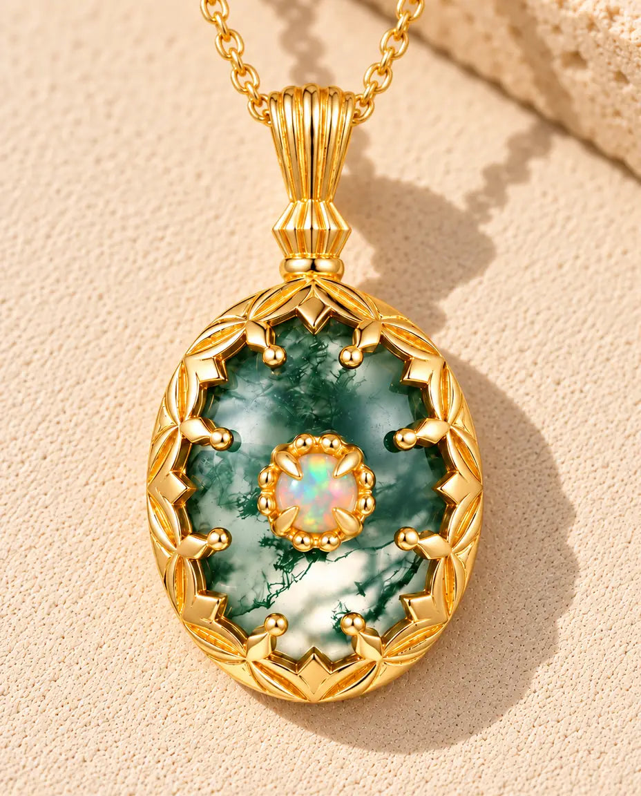 Oval Moss Agate Pendant Necklace in 10K Gold Plated 925 Sterling Silver - lying on a cream textured surface beside a travertine block