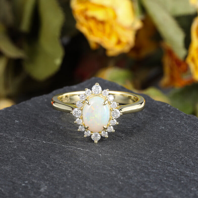 Oval Opal Engagement Ring with Moissanite Sterling Silver
