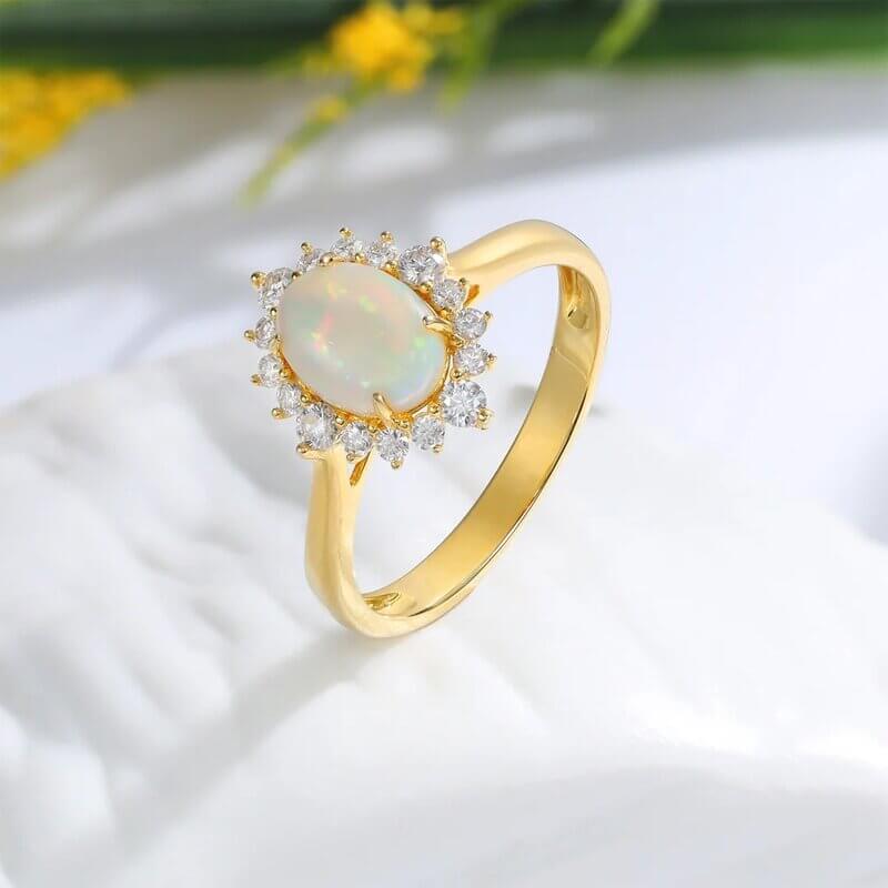 Oval Opal Engagement Ring with Moissanite 14/18k Yellow Gold