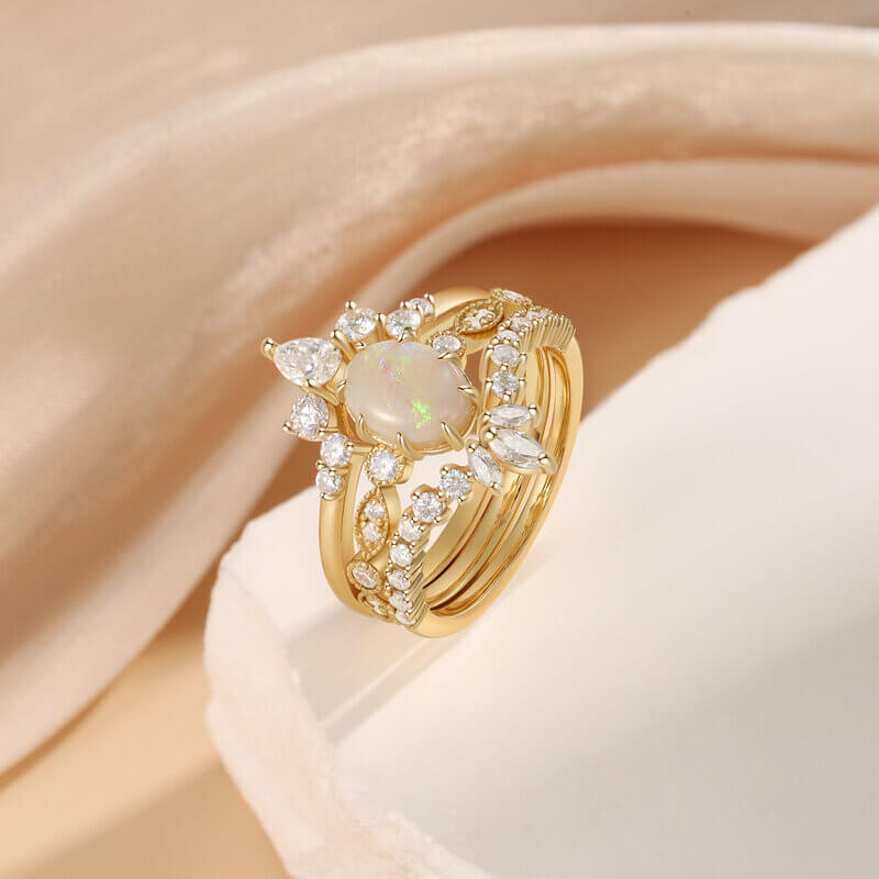 Oval Opal Engagement Ring Set with Moissanite 14/18k Yellow Gold