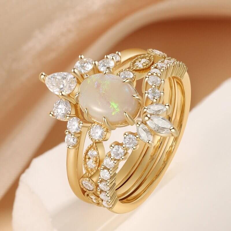 Oval Opal Engagement Ring Set with Moissanite 14/18k Yellow Gold