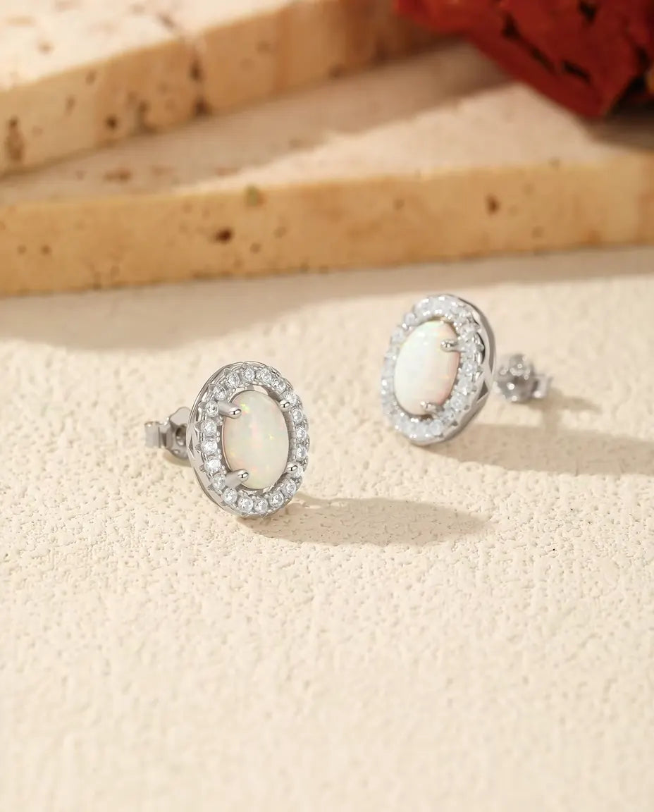 Oval Opal Halo Stud Earrings in 925 Sterling Silver