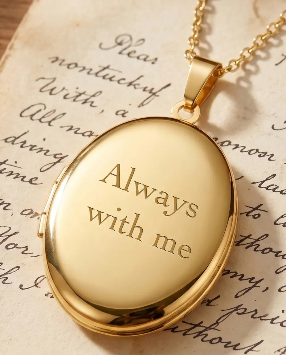 Gold oval locket back engraved with Always with me over a handwritten letter