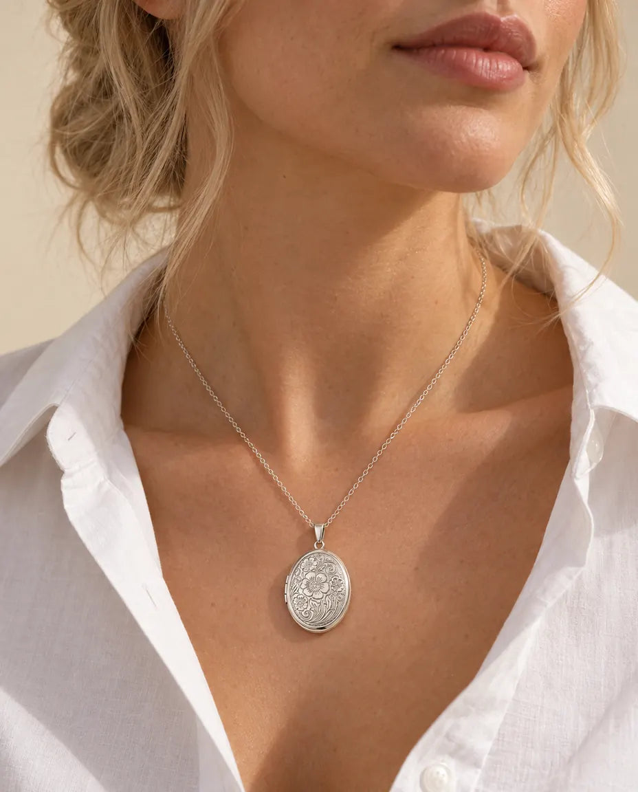 Personalised Oval Photo Locket Necklace That Holds 2 Pictures worn on a model