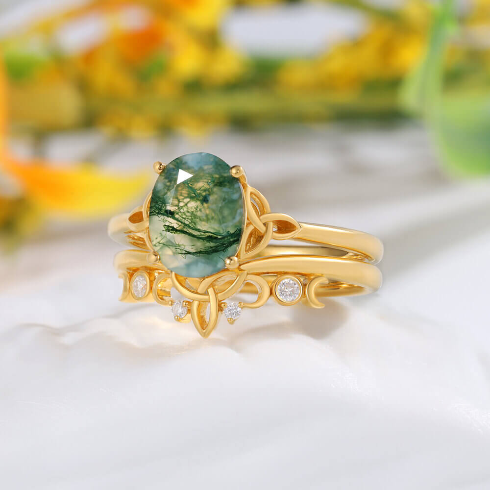 Oval Shaped Moss Agate Engagement Ring Set with Moissanite 14/18K Gold