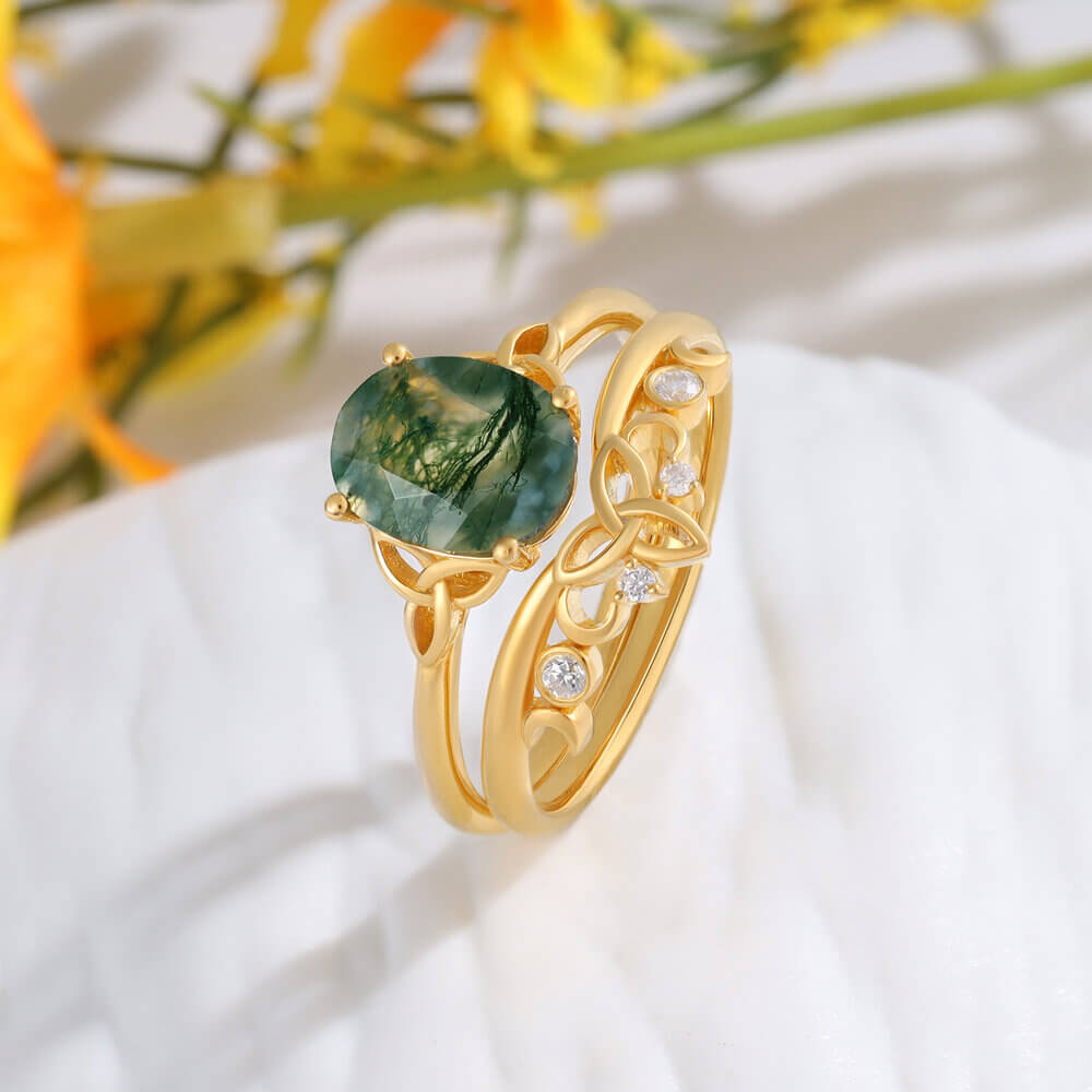 Oval Shaped Moss Agate Engagement Ring Set with Moissanite 14/18K Gold