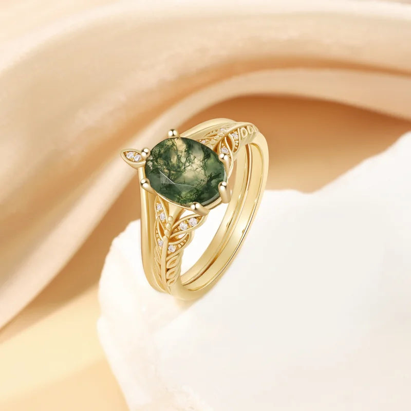 Oval Shaped Moss Agate Engagement Ring Set with Moissanite