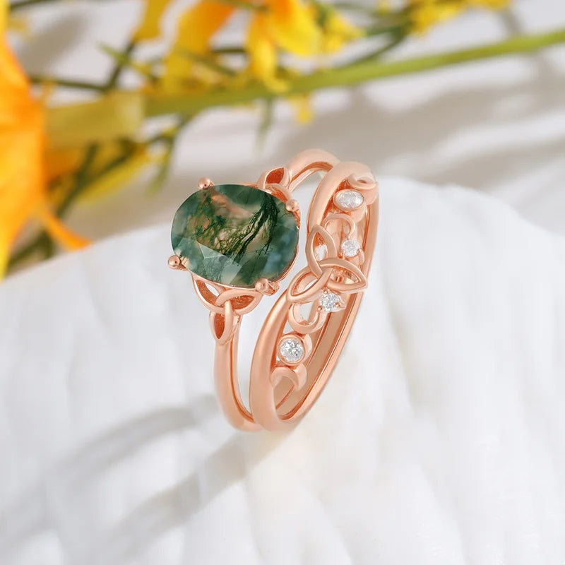 Oval Shaped Moss Agate Engagement Ring Set with Moissanite