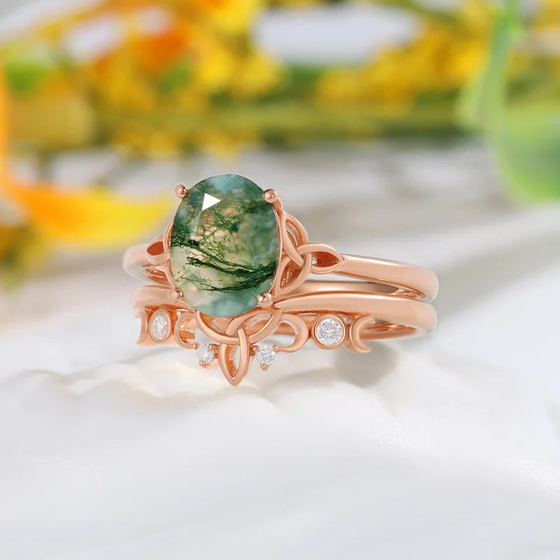 Oval Shaped Moss Agate Engagement Ring Set with Moissanite