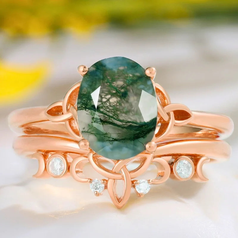 Oval Shaped Moss Agate Engagement Ring Set with Moissanite