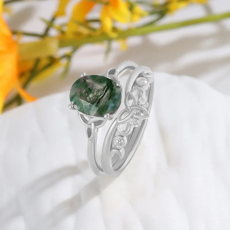 Oval Shaped Moss Agate Engagement Ring Set with Moissanite