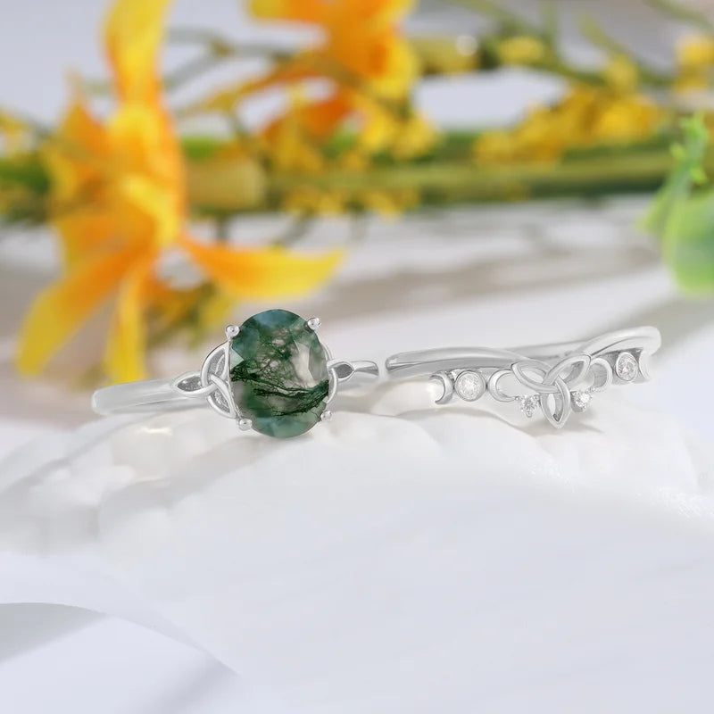 Oval Shaped Moss Agate Engagement Ring Set with Moissanite