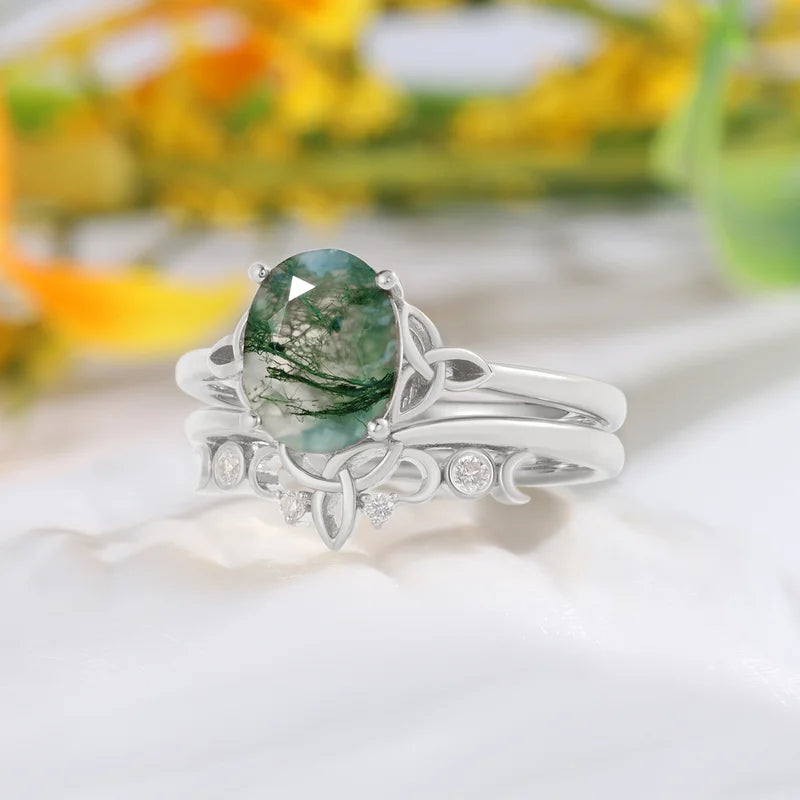 Oval Shaped Moss Agate Engagement Ring Set with Moissanite