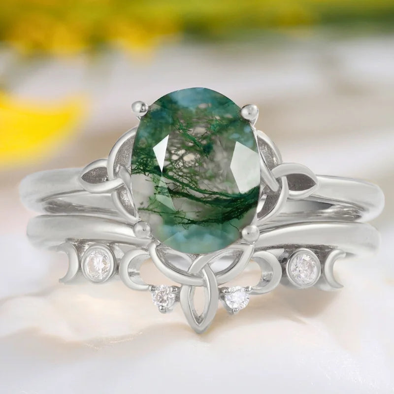 Oval Shaped Moss Agate Engagement Ring Set with Moissanite