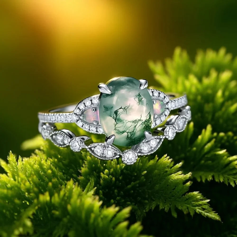 Oval Shaped Moss Agate Ring Set with Opals