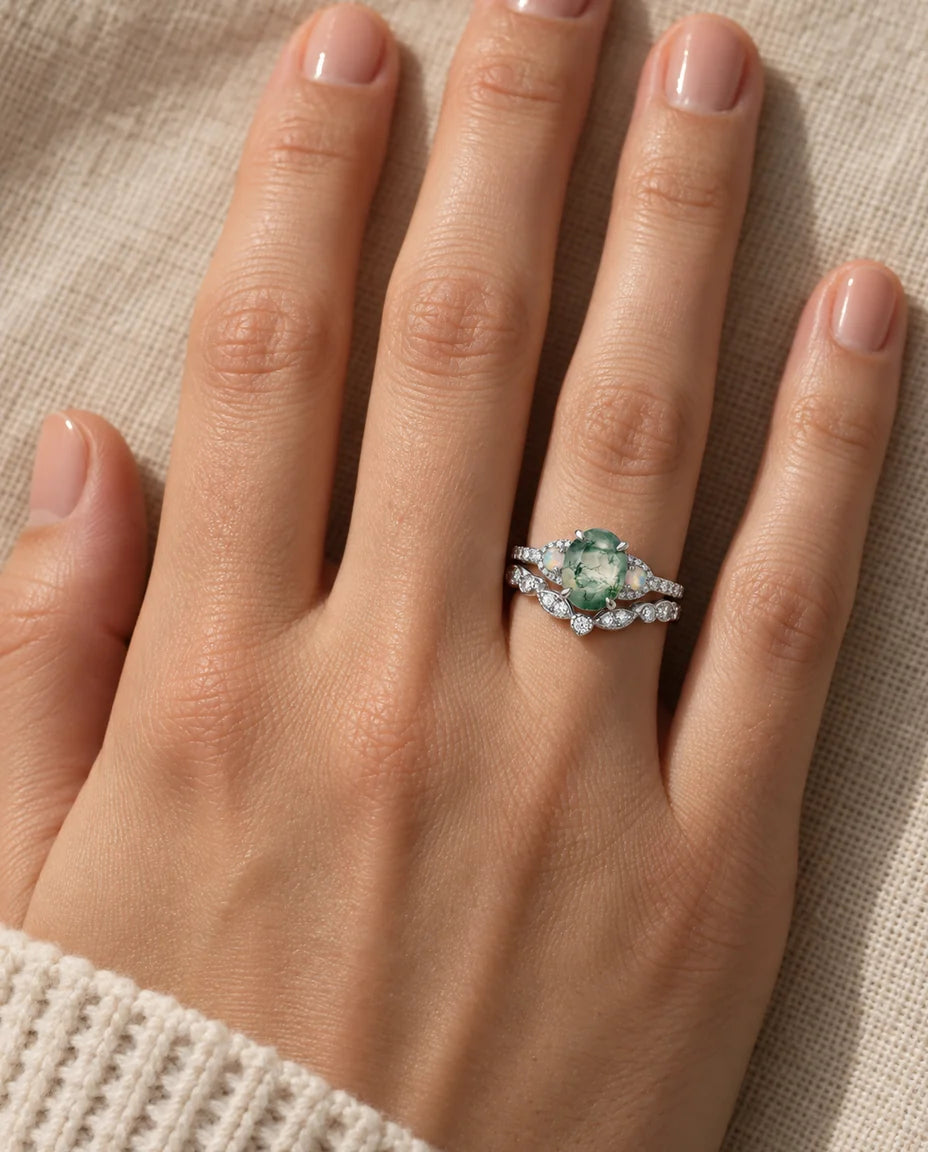Oval Moss Agate & Opal Bridal Ring Set - worn on the hand