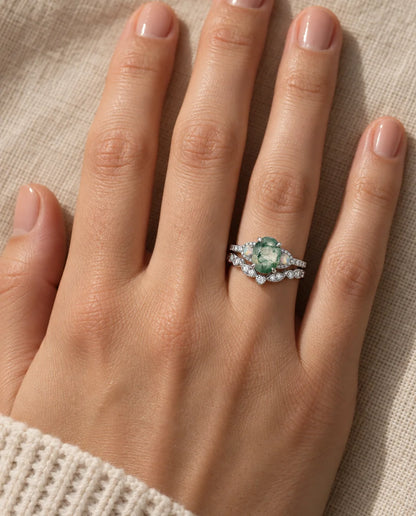 Oval Moss Agate & Opal Bridal Ring Set - worn on the hand