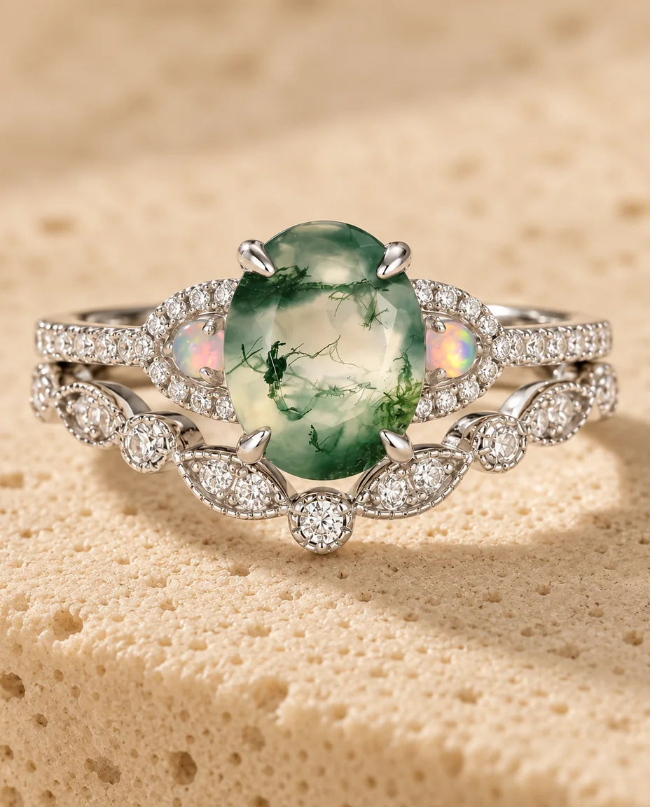 Oval Moss Agate & Opal Bridal Ring Set - close-up of the ring set