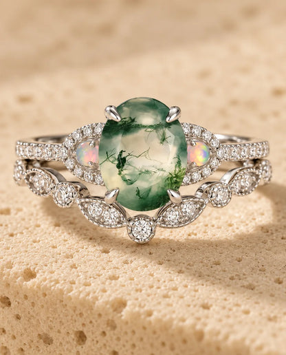 Oval Moss Agate & Opal Bridal Ring Set - close-up of the ring set