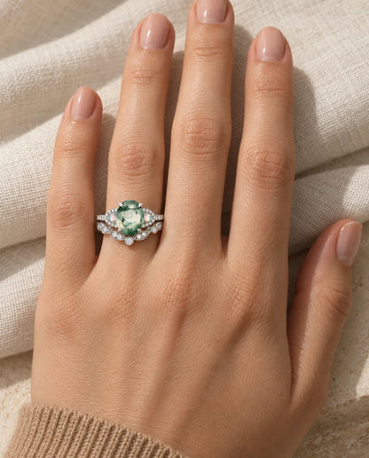 Oval Moss Agate & Opal Bridal Ring Set - worn on the hand, close-up