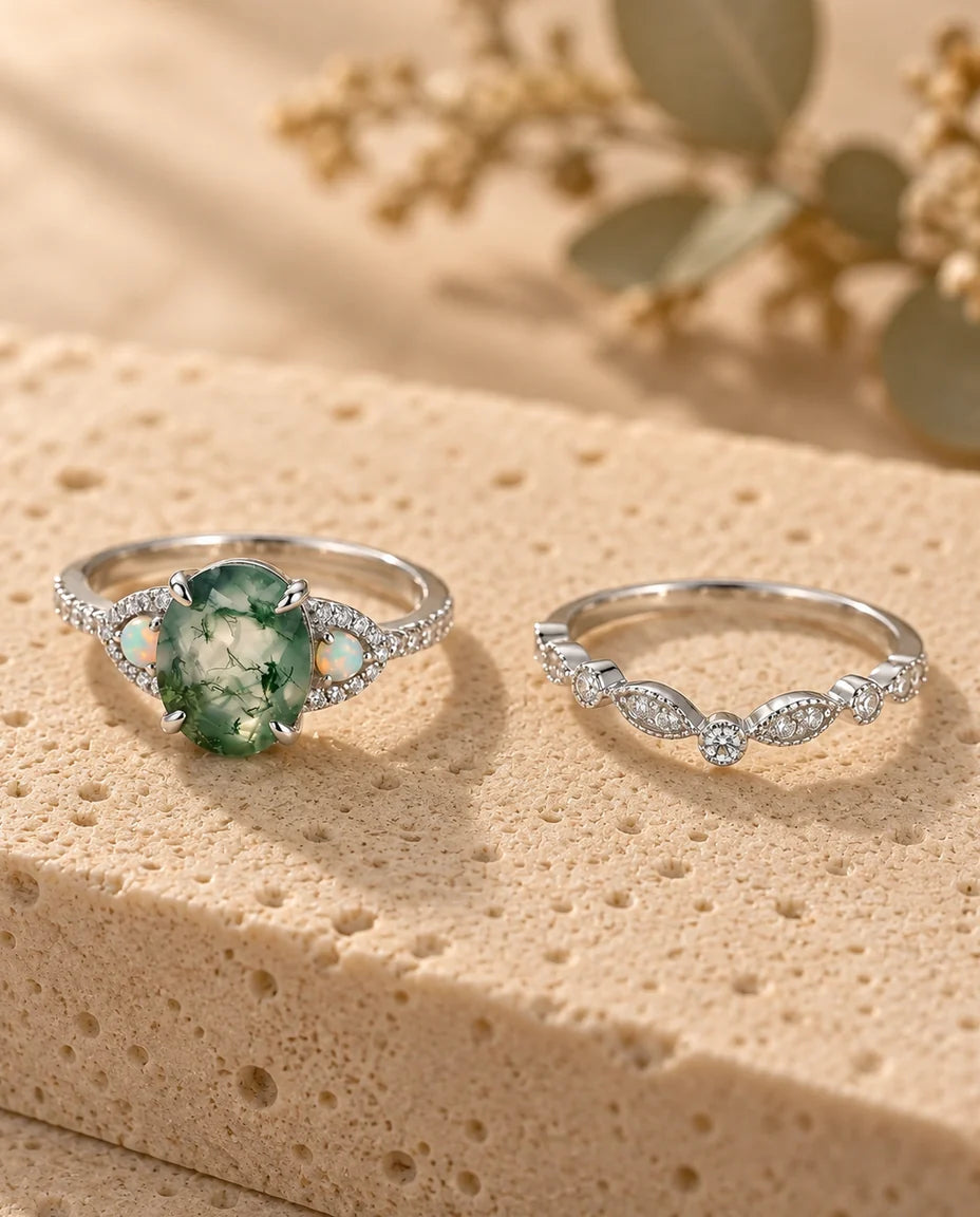 Oval Moss Agate & Opal Bridal Ring Set - the two rings of the set side by side