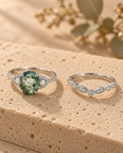 Oval Moss Agate & Opal Bridal Ring Set - the two rings of the set side by side