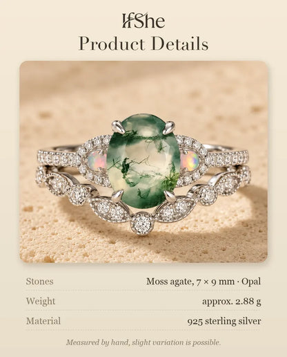 Oval Moss Agate & Opal Bridal Ring Set - size and material details