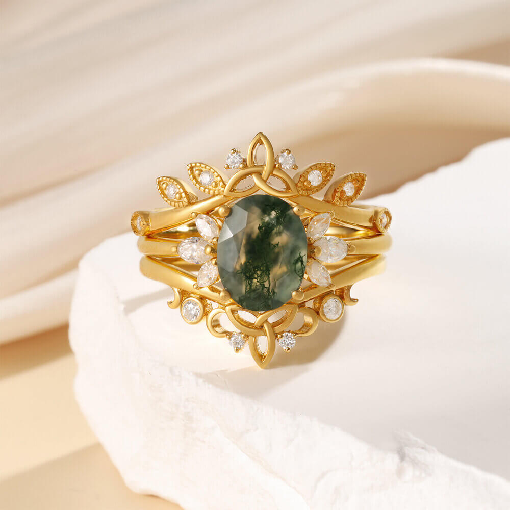 Oval Shaped Vintage Natural Moss Agate Engagement Ring Set with Moissanite 14/18K Gold