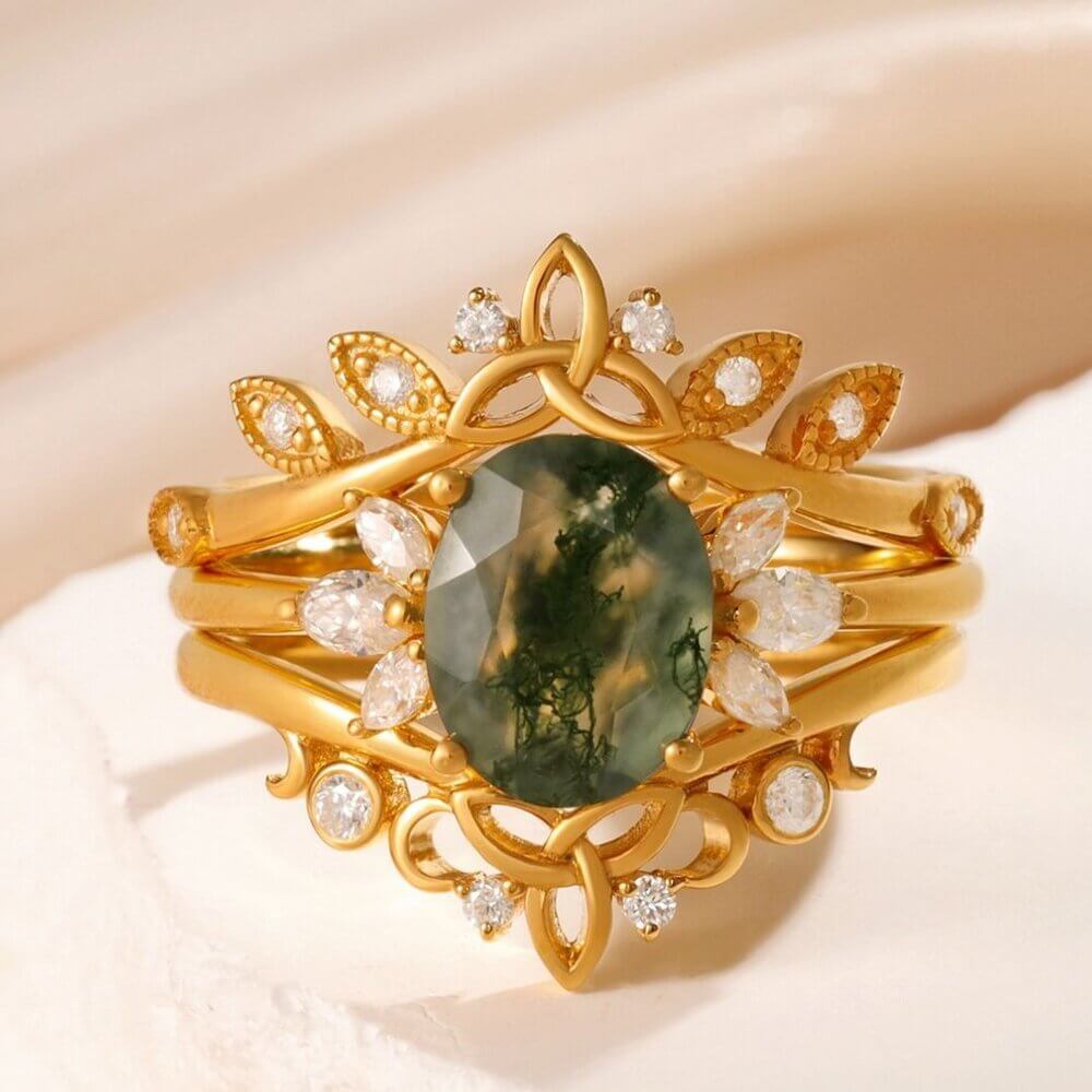 Oval Shaped Vintage Natural Moss Agate Engagement Ring Set with Moissanite 14/18K Gold