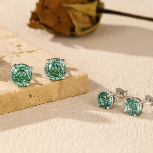 Paraiba Blue Round Rose Cut Sterling Silver Stud Earrings for Women