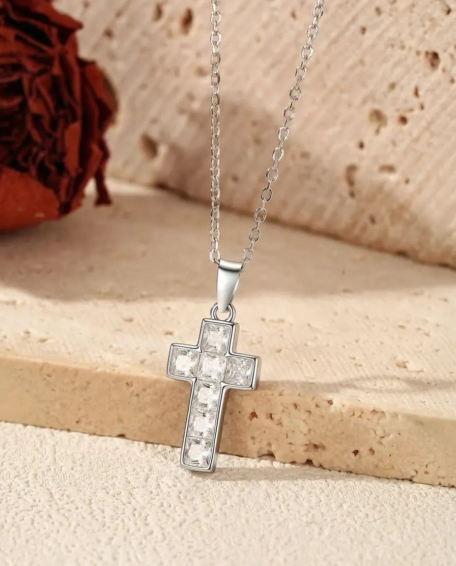 Pave cross necklace pendant in 925 sterling silver