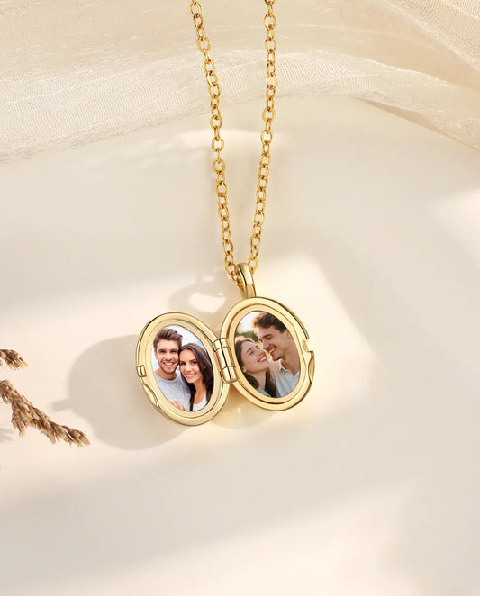Personalised pave crystal oval photo locket necklace holding two pictures, gold