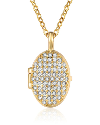 Personalised pave crystal oval photo locket necklace holding two pictures, gold