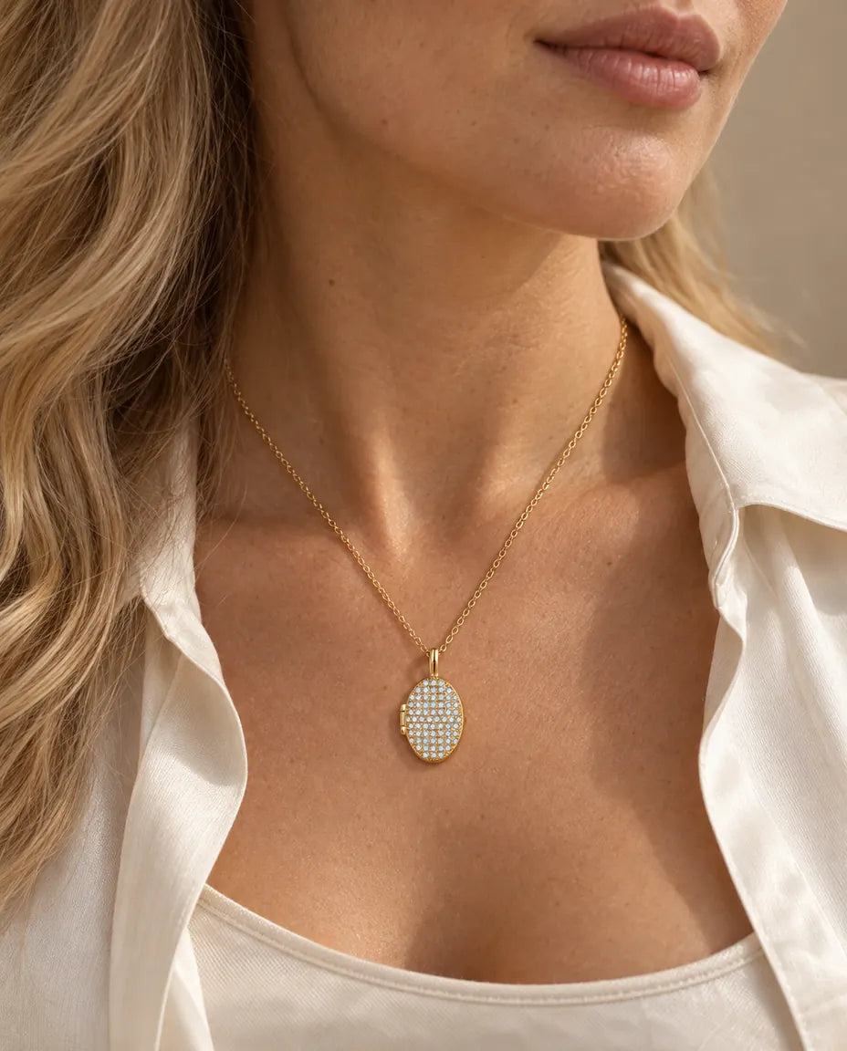 Personalised Pavé Crystal Oval Photo Locket Necklace That Holds 2 Pictures worn on a model