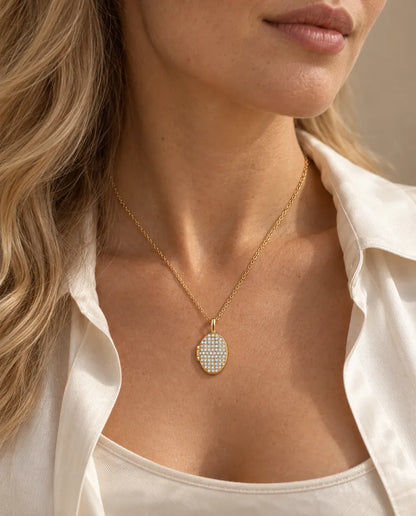Personalised Pavé Crystal Oval Photo Locket Necklace That Holds 2 Pictures worn on a model