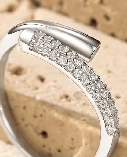 Pave Moissanite Bypass Ring in 925 Sterling Silver - close-up of the two rows of moissanite