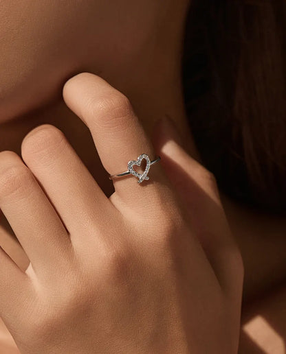 Pavé moissanite hollow open heart ring in 925 sterling silver
