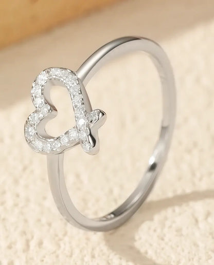 Pavé moissanite hollow open heart ring in 925 sterling silver