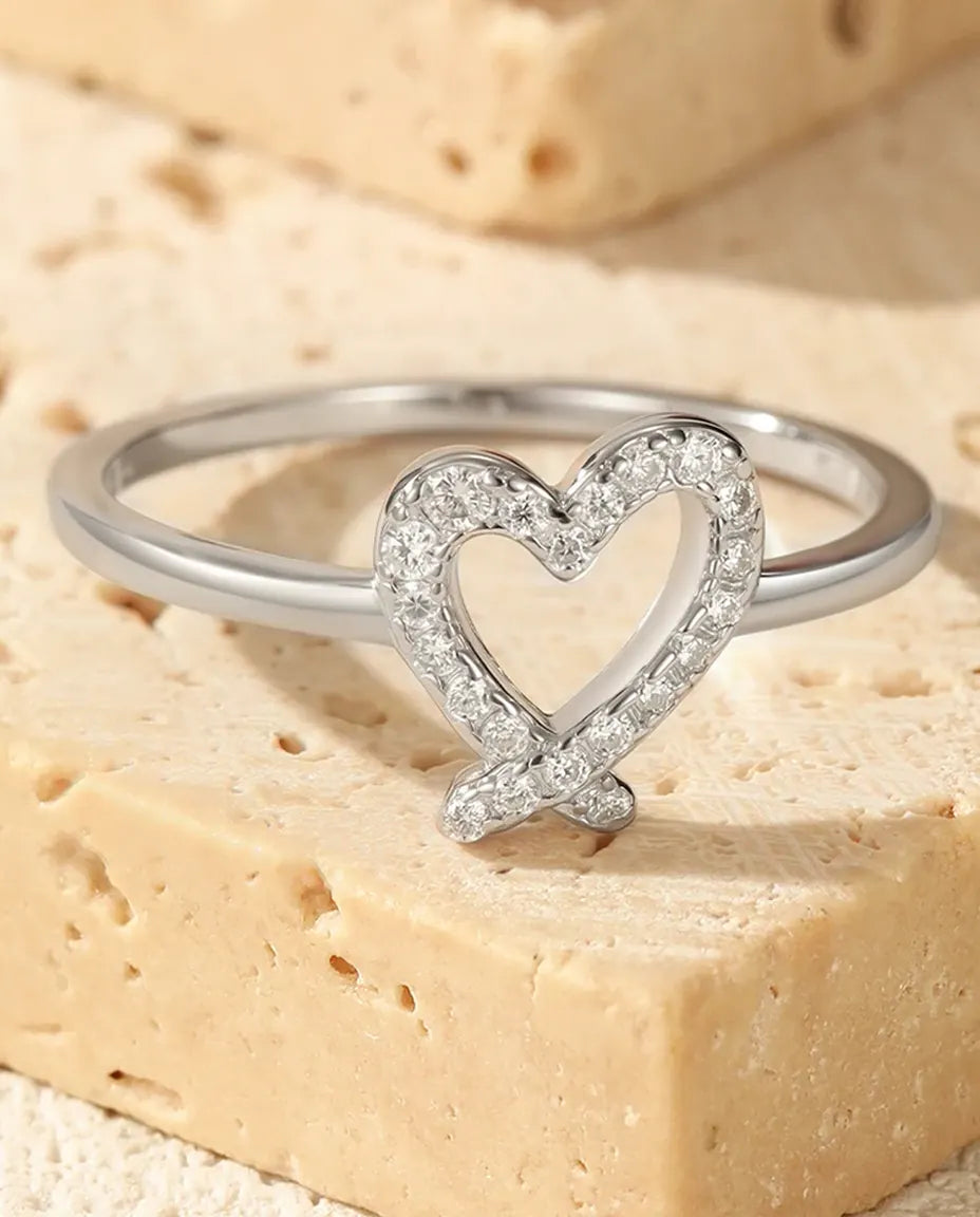 Pavé moissanite hollow open heart ring in 925 sterling silver