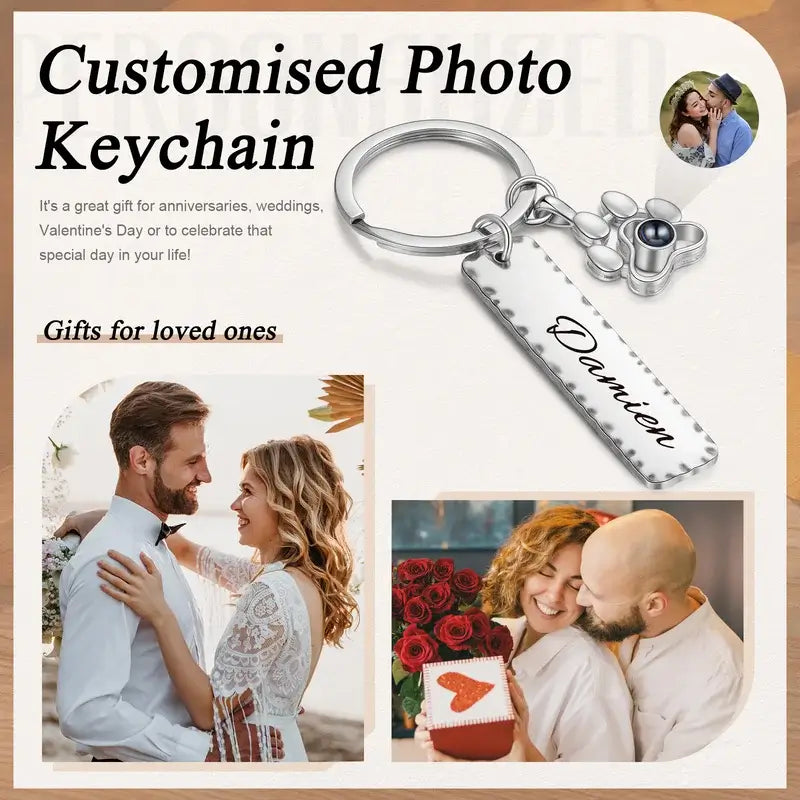 Photo Projection Keyring | Personalised Name Keyring | Tag Bar Engraved Keyring