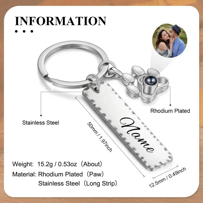 Photo Projection Keyring | Personalised Name Keyring | Tag Bar Engraved Keyring