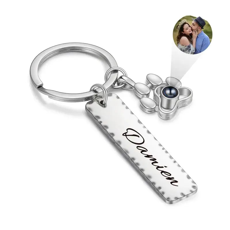 Photo Projection Keyring | Personalised Name Keyring | Tag Bar Engraved Keyring