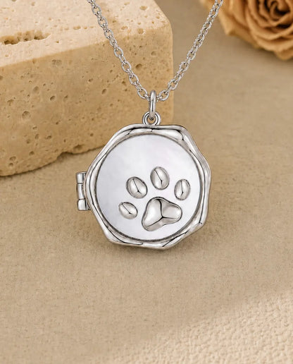 Silver paw print photo locket necklace with mother of pearl face