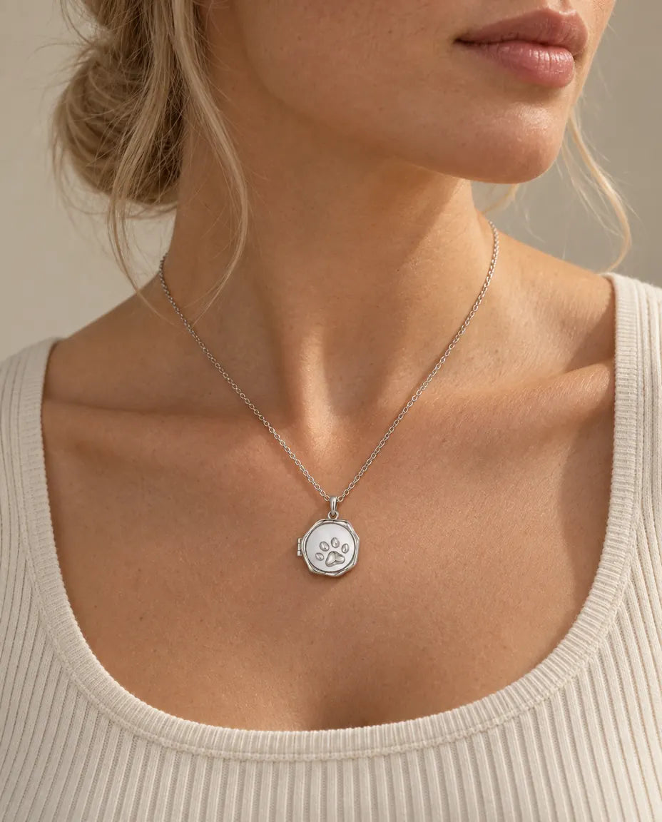 Personalised Paw Print Photo Locket Necklace That Holds 2 Pictures worn on a model