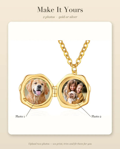 Personalisation guide showing where Photo 1 and Photo 2 go inside the locket