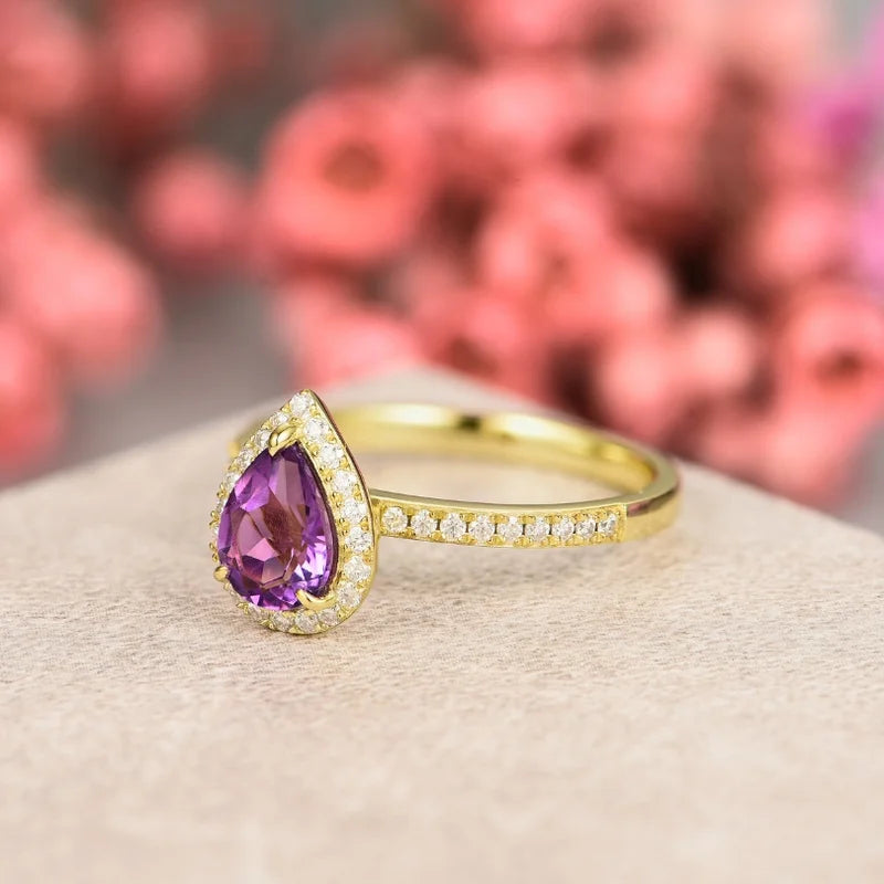 Pear Cut Amethyst Engagement Ring with Moissanite