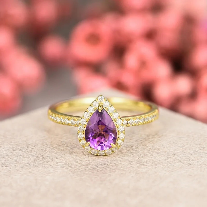 Pear Cut Amethyst Engagement Ring with Moissanite